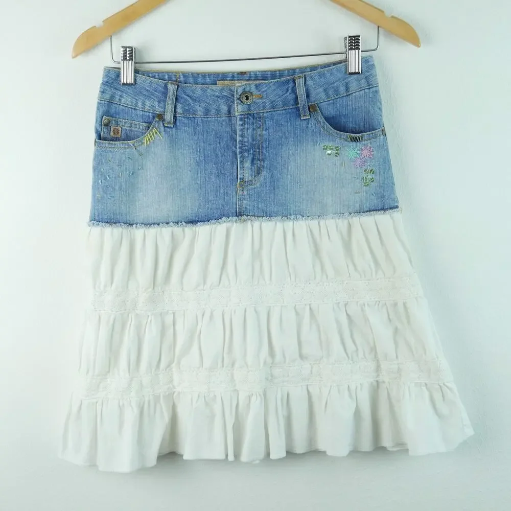 Vintage Y2K Mixed Media Denim Skirt Tiered Lace Western Coastal Cowgirl XS‎ S